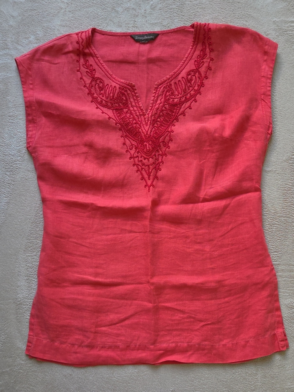 Tommy Bahama Embroidered Cap Sleeve V-Neck Linen Tunic Coral Medium